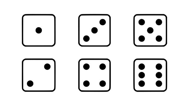 Dice Icon Set with Six Sides in Black and White, Each Showing Different Number Faces for Game Design Concepts