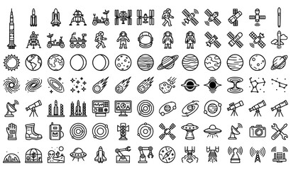 Space exploration line icons set astronomy rockets planets and technology © Allah