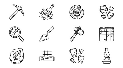 Archaeology Icons Set: Excavation Tools, Fossils, Pottery, Bones, Magnifying Glass © Instrumen