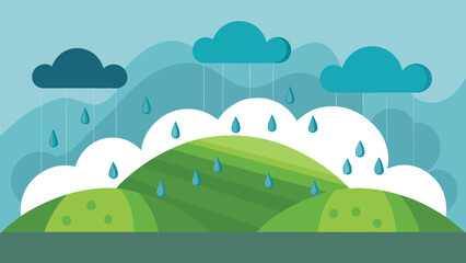 Fototapeta premium Stylized hills receiving rain from clouds with flat design digital art light rain shades of blue shades of green landscape illustration minimalist artistic backdrop background environment