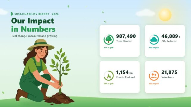 Sustainability report infographic with animated counting statistics and woman planting a tree