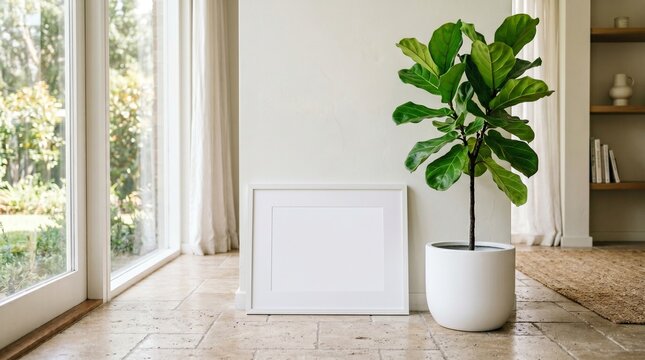 Modern interior with potted fiddle leaf fig plant and empty picture frame