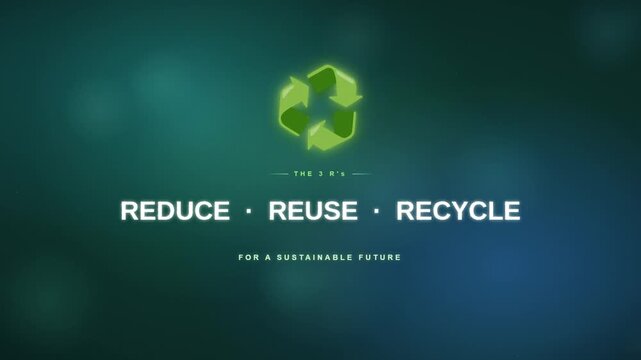 Reduce reuse recycle logo reveal with particles and soft bokeh light on green gradient background