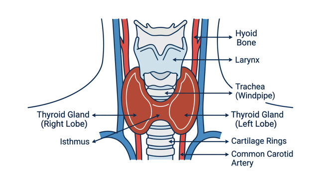 Anatomical illustration of the human thyroid gland and surrounding structures.