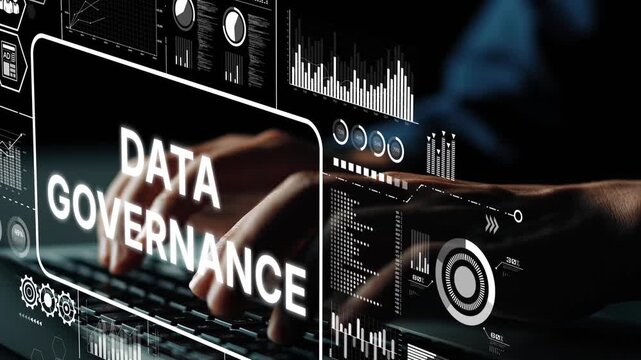 Engaging Visual Representation of Data Governance Concept with Hands on Keyboard and Digital Interface. Asymptotic smart data analytic.