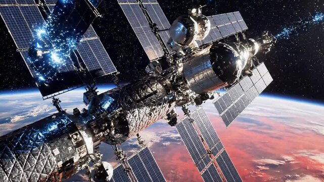 A large space station orbits Earth, with solar panels and modules against a starry background