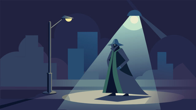 Mysterious detective standing under streetlight in city at night with detective streetlight character trenchcoat investigation suspense silhouette atmosphere minimalist dramatic lighting