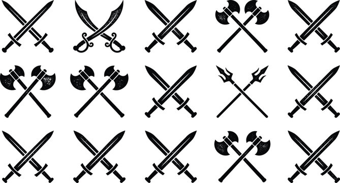 Distressed vector silhouette set of crossed medieval swords battle axes and tridents for game logo emblems