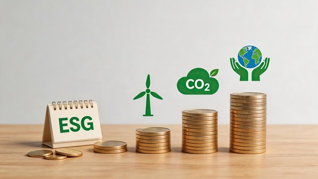 Sustainable finance concept showing ESG investment growth, green energy wind turbine symbol, carbon dioxide reduction icon, hands holding earth globe