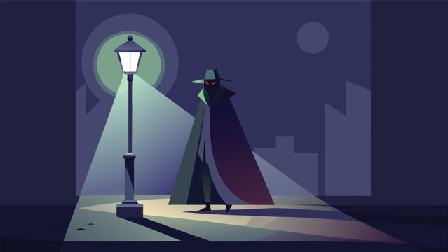 Sinister figure with glowing red eyes standing under street lamp detective streetlight darkness character suspense silhouette thriller minimalist illustration dramatic lighting background