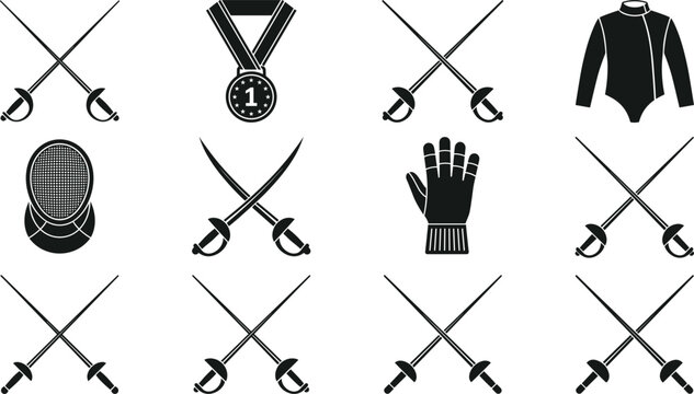 Fencing sport equipment vector silhouette icon set with crossed foils protective mask and championship medal