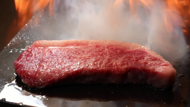鉄板で焼くステーキ（スローモーション）