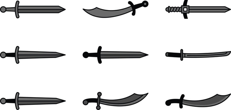 Flat vector icon set of medieval swords daggers and scimitars for gaming user interface inventory assets