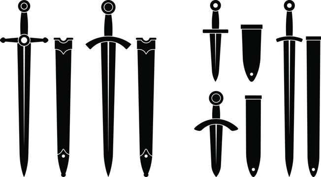 Flat vector silhouette collection of medieval swords daggers and matching scabbards for gaming inventory icons