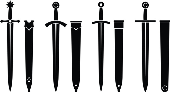 Flat vector silhouette collection of medieval swords and matching scabbards for fantasy gaming inventory icons