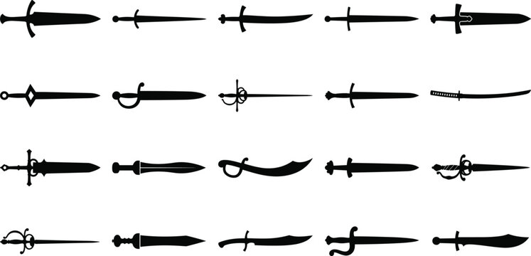 Flat vector silhouette collection of medieval swords rapiers and daggers for video game inventory icons
