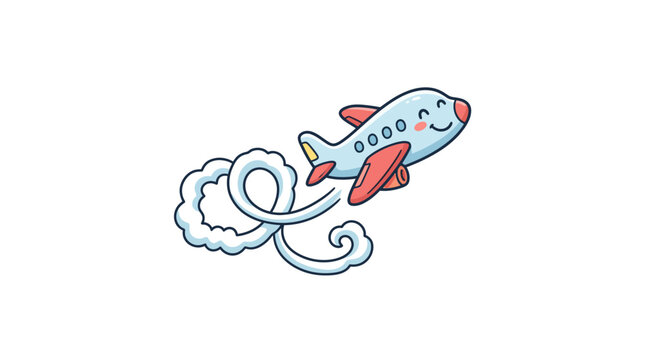 Cute cartoon airplane flying with trail of smoke, travel concept
