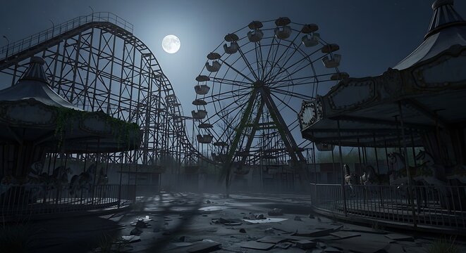 Abandoned amusement park at night under a bright full moon with roller coaster and ferris wheel.