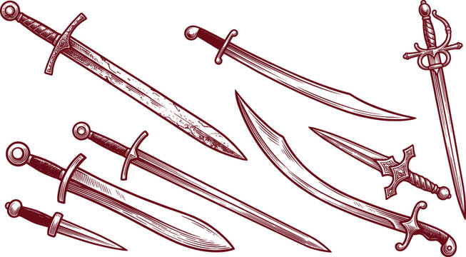 Hand drawn vintage sketch collection of medieval swords daggers and curved scimitars for gaming weapon icons