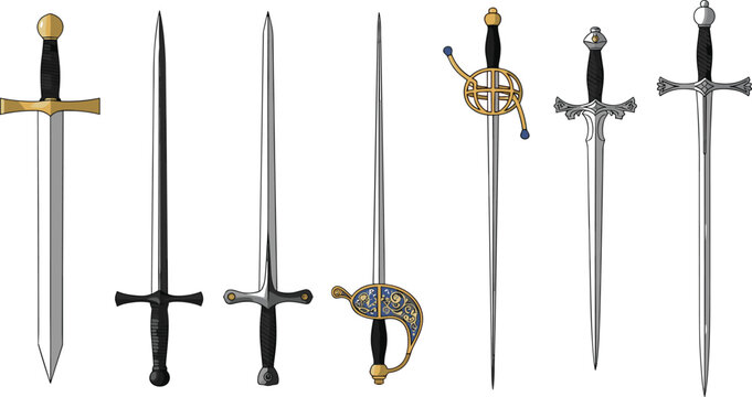 Medieval and renaissance sword vector collection with historical blades and rapiers for gaming assets