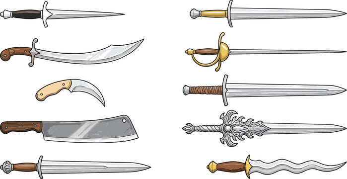 Medieval fantasy sword and dagger illustration set for video game item inventory icons