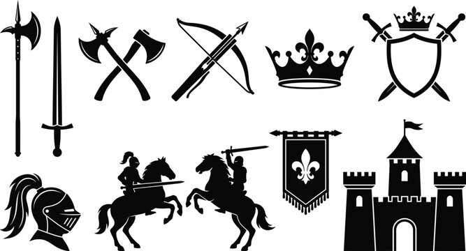 Medieval knight and heraldic weapon vector silhouette icon set for gaming logos and branding designs