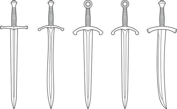 Minimalist line art vector outline set of medieval swords and curved sabers for gaming weapon inventory assets