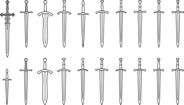 Minimalist line art vector outline set of medieval swords and fantasy daggers for gaming weapon inventory assets