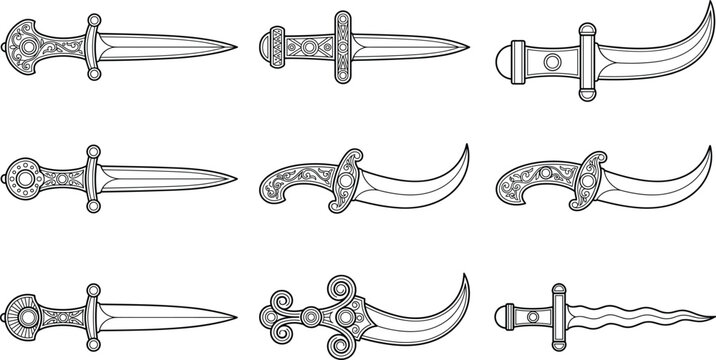 Ornate vector line art collection of fantasy medieval daggers and curved ceremonial knives for game asset icons