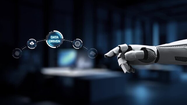 A sleek robotic hand interacts with an advanced virtual data driven interface, showcasing the integration of artificial intelligence in modern technology environments. Synapse