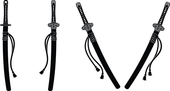 Samurai katana sword silhouettes with scabbard vector icon set isolated on white background