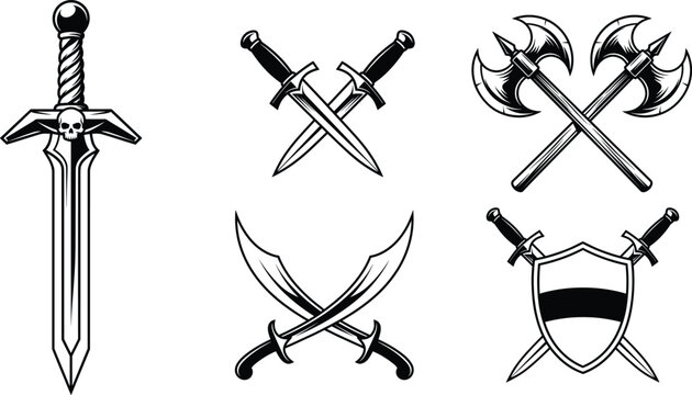 Vector heraldic emblem set with medieval swords crossed axes and shield for tattoo and gaming logo design