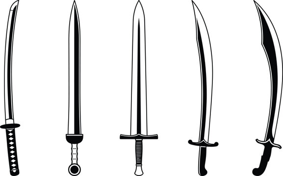 Vector illustration collection of medieval swords katana and curved scimitars for gaming user interface assets