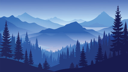 Flat vector illustration of mountain landscape with dense pine forest at twilight mountain landscape twilight wilderness background illustration coniferous environment adventure woodland © Joy Dev