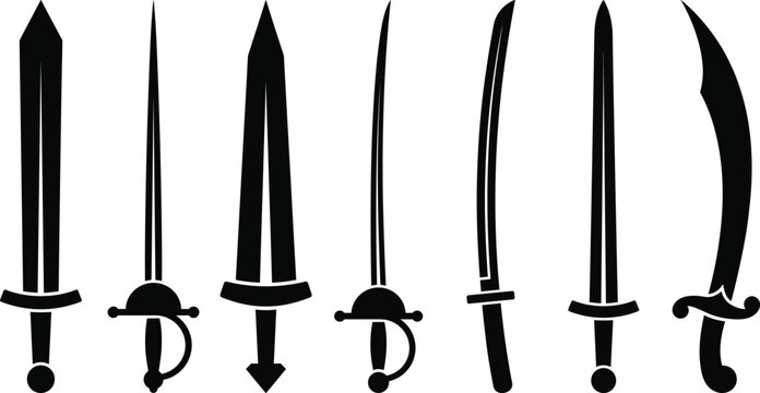 Vector silhouette collection of historical and fantasy swords rapiers and katanas for game asset ui design