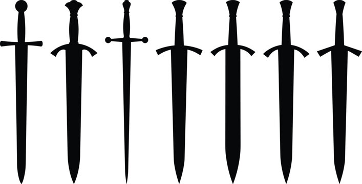 Vector silhouette collection of medieval swords and straight daggers for video game inventory interface icons