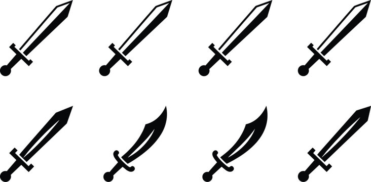 Vector silhouette collection of medieval swords and curved sabers for video game user interface design