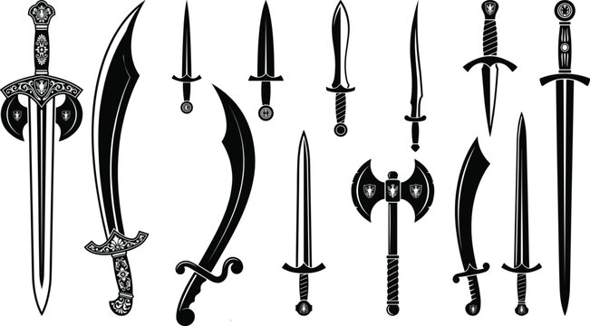 Vector silhouette collection of medieval swords daggers and battle axe for video game inventory icons