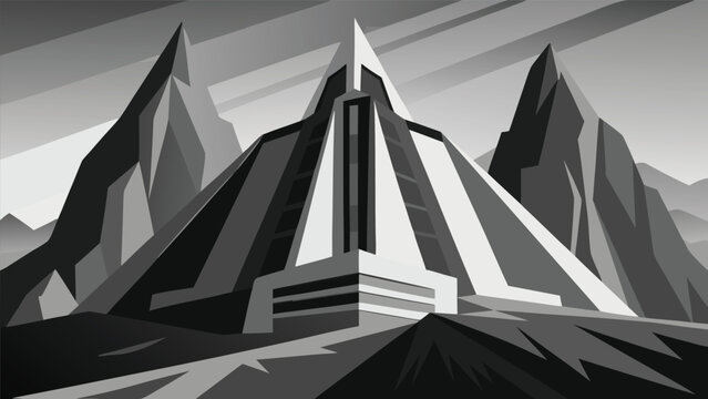 Futuristic geometric mountain structure building architecture illustration with sci fi architecture mountain building geometric futuristic structure monochrome landscape illustration