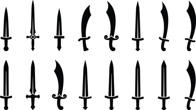 Vector silhouette collection of medieval swords daggers and scimitars for gaming user interface and logo design