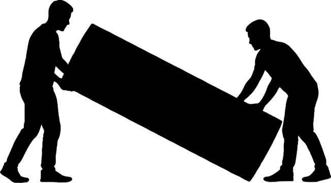 Two people carrying a large rectangular object together.