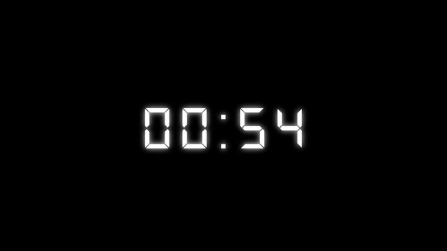 Abstract timer for one minutes countdown with reflection countdown animation on a black background. Ds digital  font number animation