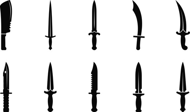 Vector silhouette collection of tactical combat knives and daggers for video game user interface assets