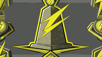 Stones monolith pillar symbol with striking yellow lightning bolt design on a dark gray background monolith lightning electricity electric abstract industrial sculpture structure creative © Joy Dev