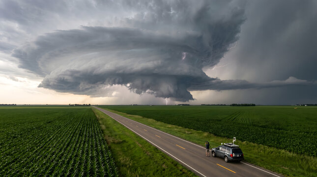 Storm Chaser Photographing a Massive Supercell Thunderstorm and Lightning Over a Rural Highway and Green Corn Fields