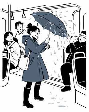 cartoon doodle of woman shaking wet umbrella at bus entrance