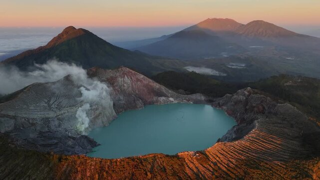 Aerial view of the landscape of mountains and volcano crater lake of Kawah Ijen volcano, East Java of Indonesia.