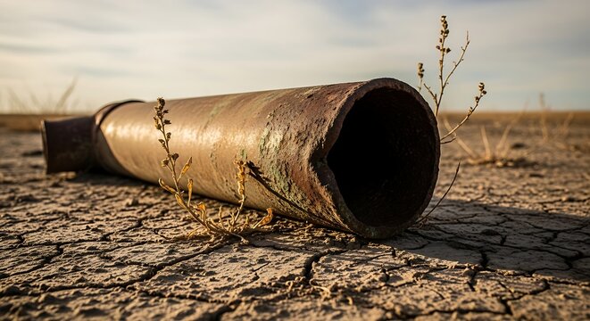 Abandoned rusty metal pipe on dry land.