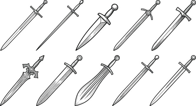 Vintage hand drawn sketch collection of medieval swords and fantasy daggers for gaming weapon asset icons