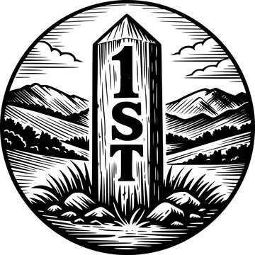 First Place Milestone Marker: An engraved wooden post displaying 1ST stands tall in a rural landscape, symbolizing achievement and leadership amidst rolling hills and grass.